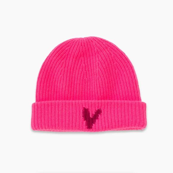 KERRI ROSENTHAL Hat Womens Neon Pink Beanie Hidden Heart 100% Cashmere $178 main image 5